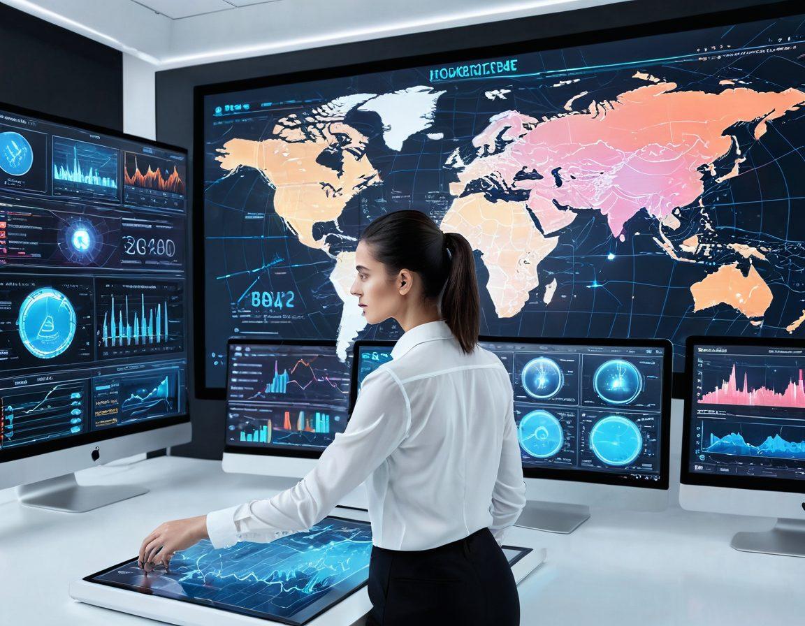 A futuristic control center filled with holographic screens displaying various internet speed metrics, diagnostics, and data visualizations. A person in a sleek, modern outfit is analyzing the data with focused precision. Elements include speedometer graphs, world maps with network lines, and a glow of technology. super-realistic. vibrant colors. white background.