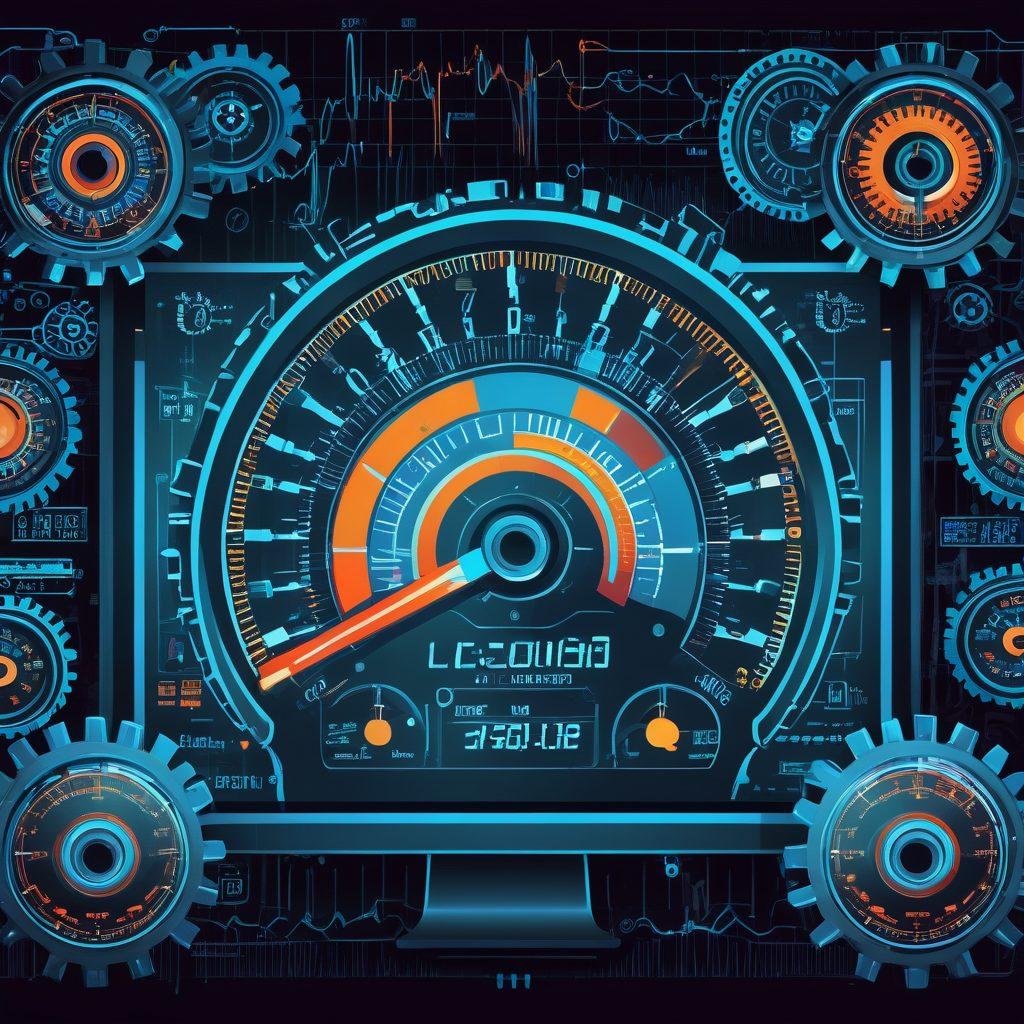 A dynamic illustration of a computer screen displaying a website loading meter, surrounded by gears and speedometers, symbolizing optimization. Include vibrant graphs and charts rising in the background to signify improvements. vibrant colors. vector art.